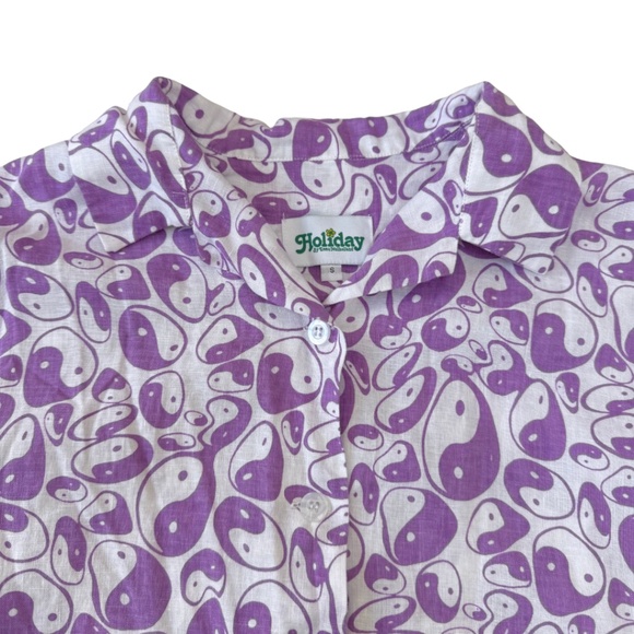EMMA MULHOLLAND ON HOLIDAY Peace Sign Resort Set Top Linen Button Down Shirt S - Picture 4 of 5